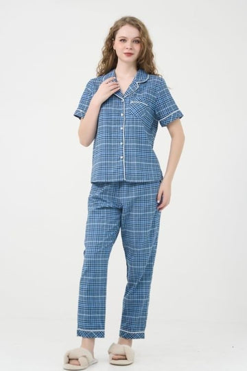 Green Checkered Kate Long Set – Youthful & Energetic with Pajama Collar