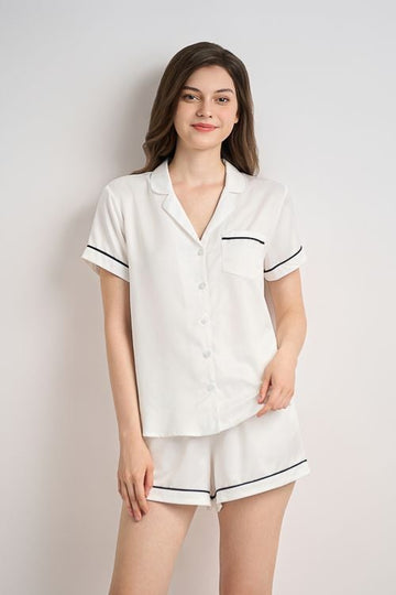 Premium White Satin Short Set with Pajama Collar