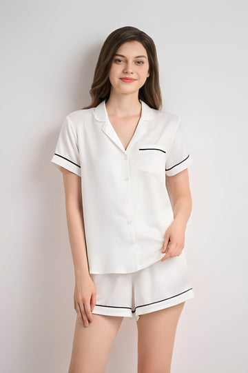 Premium White Satin Short Set with Pajama Collar
