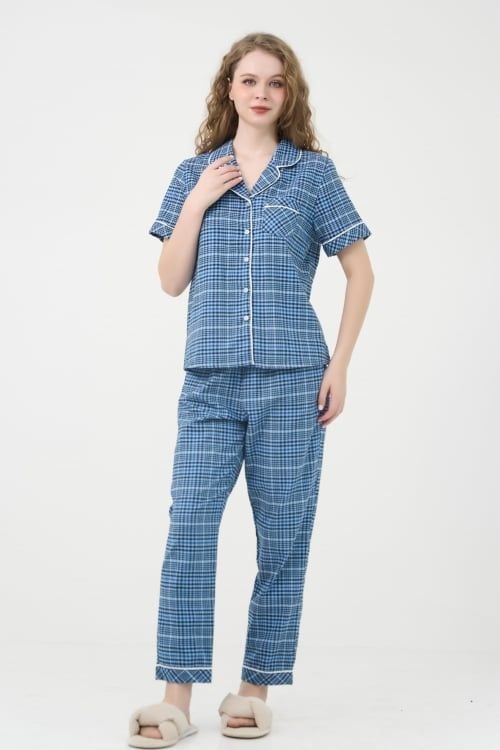 Green Checkered Kate Long Set – Youthful & Energetic with Pajama Collar