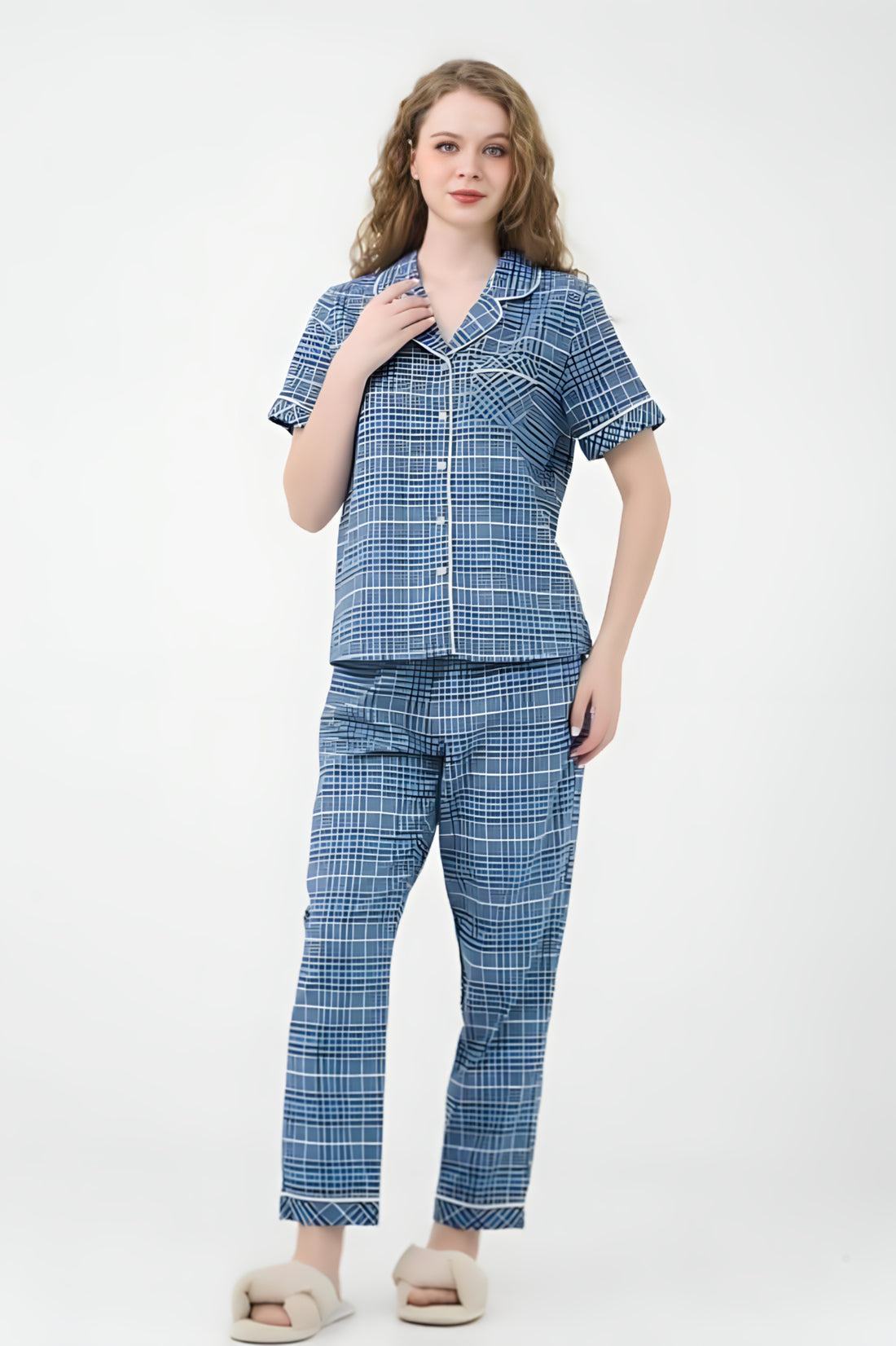 Green Checkered Kate Long Set – Youthful & Energetic with Pajama Collar