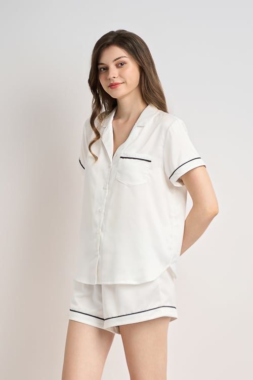 Premium White Satin Short Set with Pajama Collar