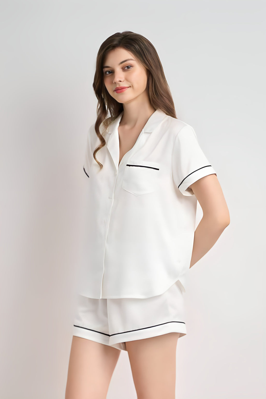 Premium White Satin Short Set with Pajama Collar