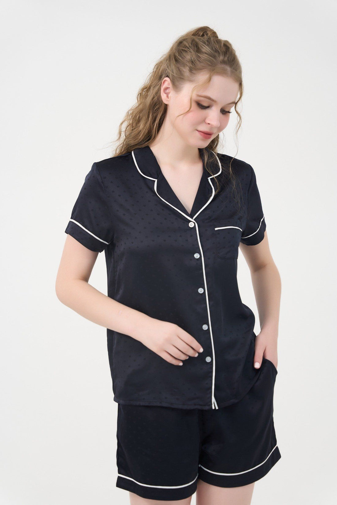 Premium Black Satin Short Set with Pajama Collar – Stylish & Comfy